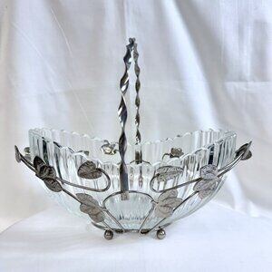 Vintage Clear Glass Basket Bowl Silver Plated Handle 9.5"
